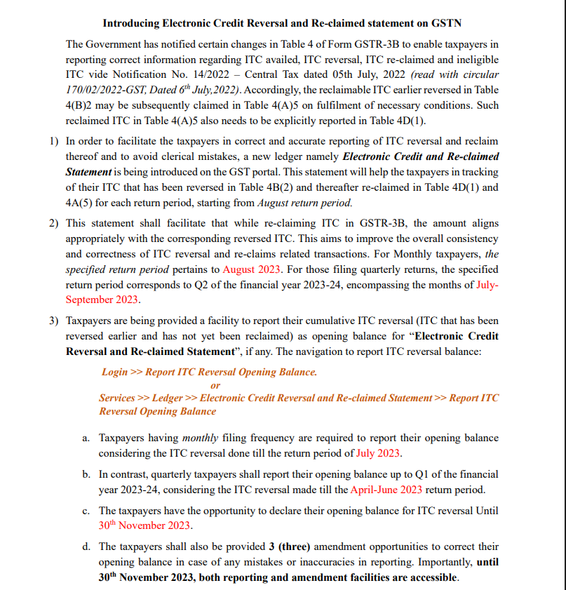 Official GSTN Advisory for Electronic Credit Reversal and Reclaimed Statement.