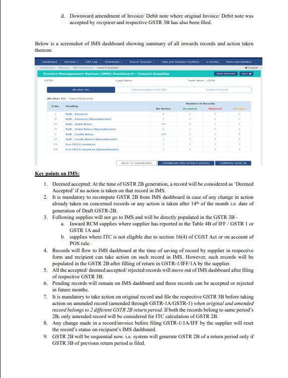 Screenshot of the GST Invoice Management System (IMS) showing Accept, Reject, and Pending actions.