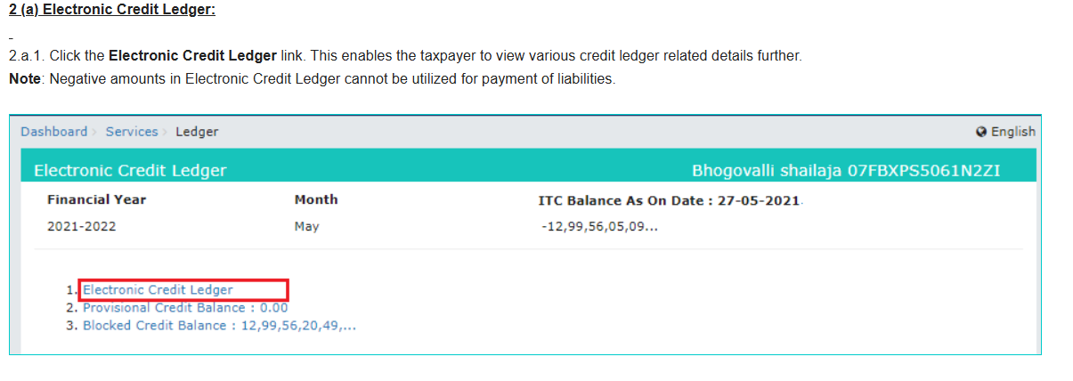 Live view of Electronic Credit Ledger on GST Portal.
