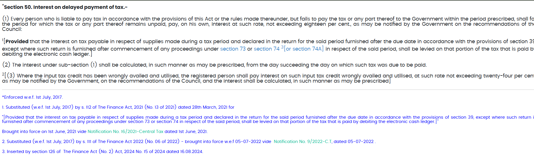 Bare Act screenshot of Section 50(3) showing interest is applicable only on utilized ITC.