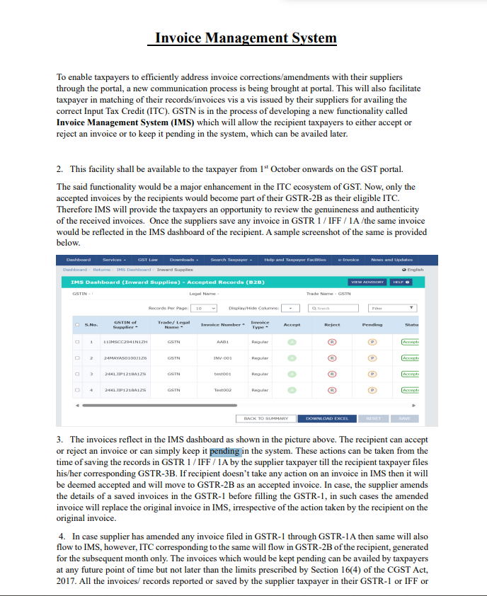 Invoice Management System (IMS) Dashboard on GST Portal.