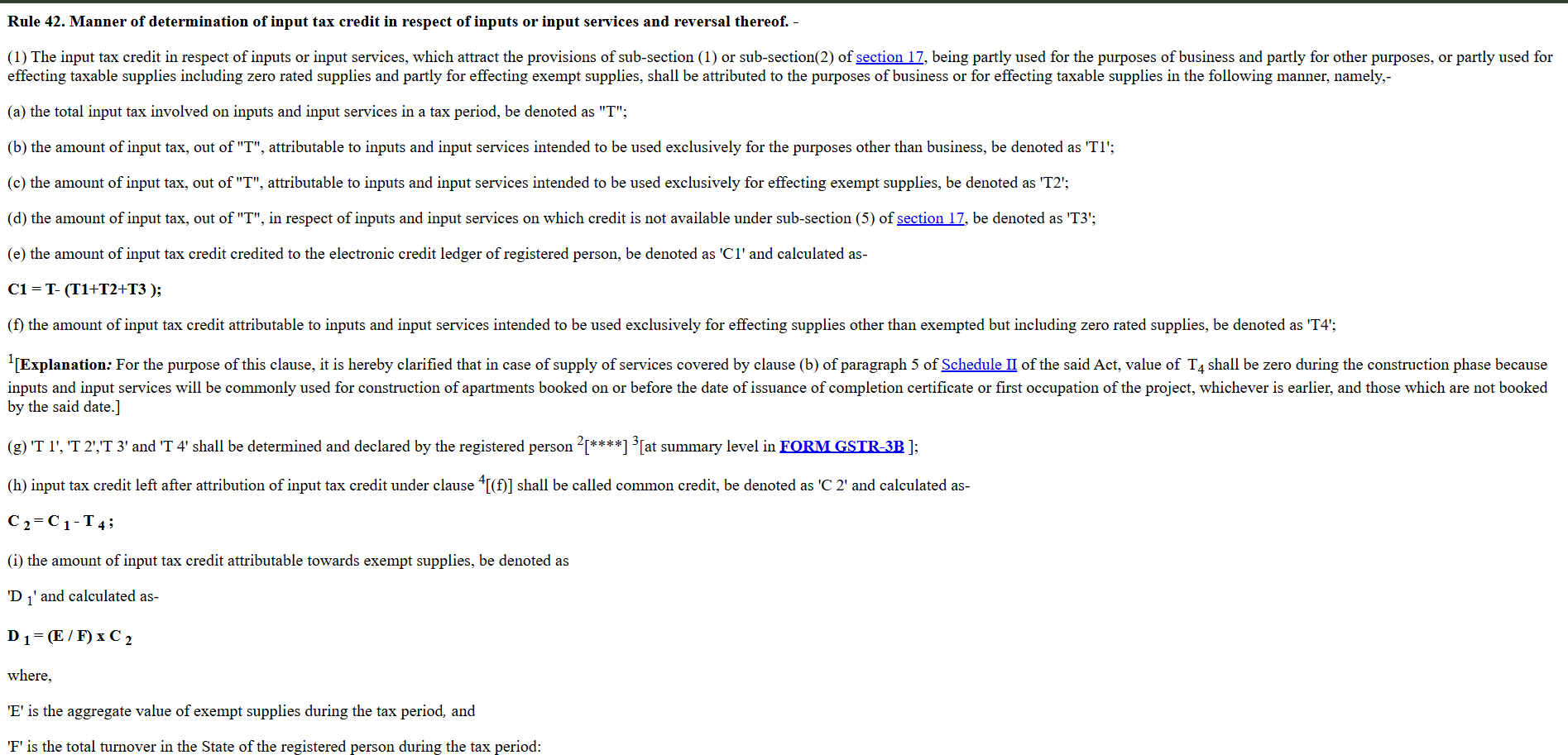 Official CBIC Rule 42 CGST Rules Text Extract for ITC Reversal