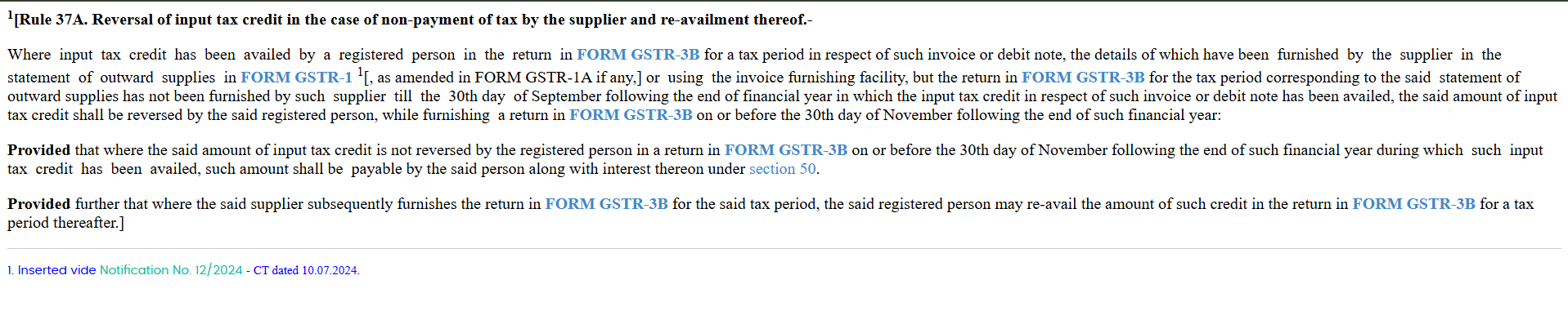 Official CGST Rule 37A for ITC Reversal and Reavailment.