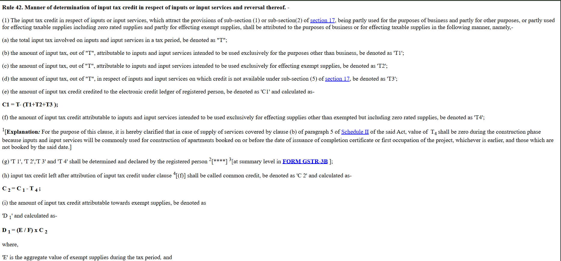 Official GST Rule 42 formula (D1 = E/F * C2) for calculating common credit reversal.
