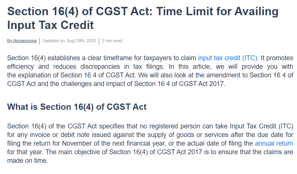 Legal text of Section 16(4) explaining the deadline to claim Input Tax Credit.