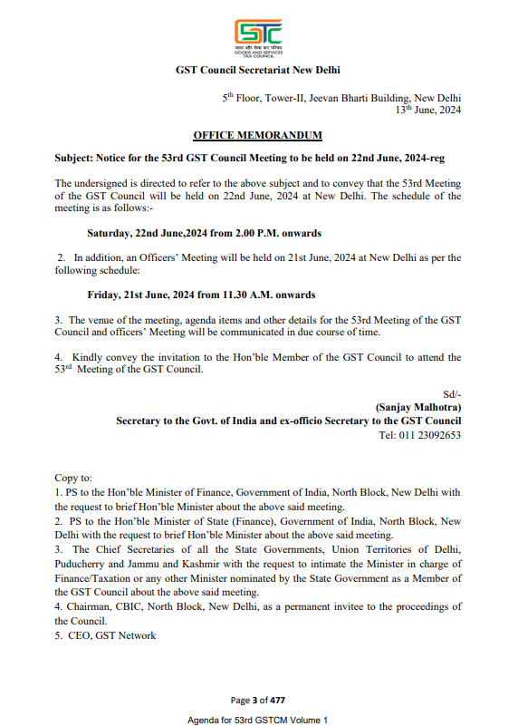 Official memorandum for the 53rd GST Council Meeting.