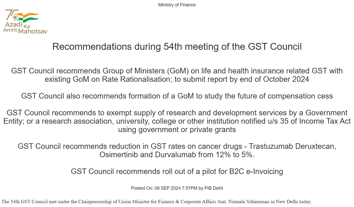 Official PIB release showing 54th GST Council recommendations on B2C e-Invoicing and tax rate reductions.