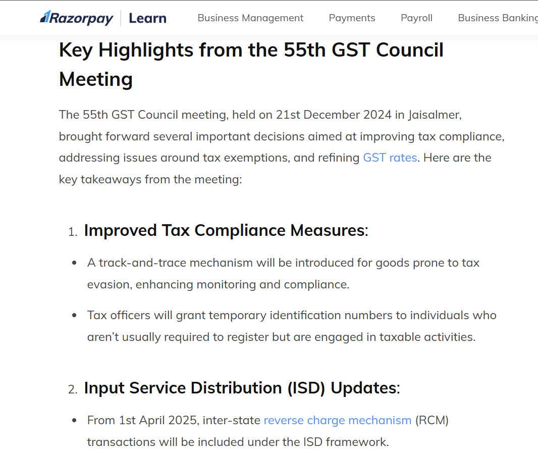 Summary of 55th GST Council meeting updates on Tax Compliance Measures and ISD framework.