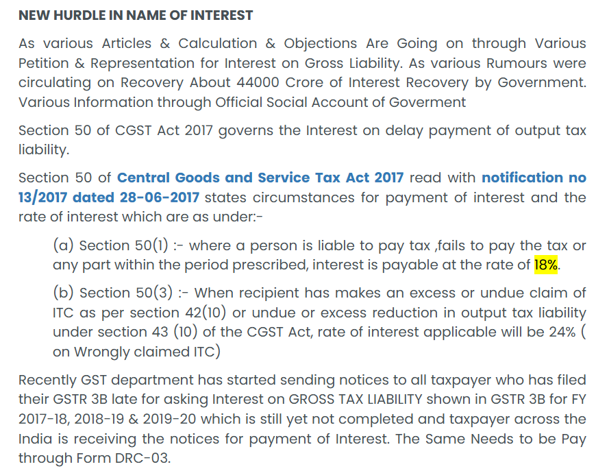 Section 50(1) of Central Goods and Services Tax Act 2017 stating 18 percent interest rate.