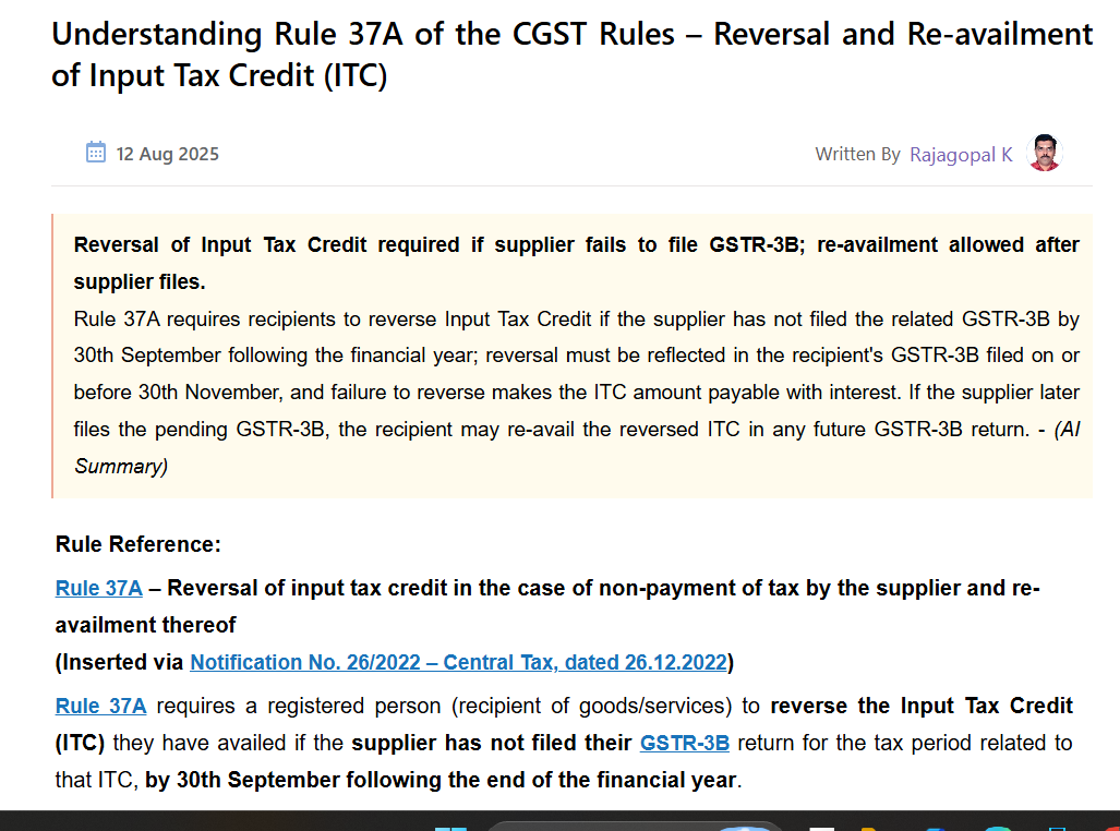 Statutory timelines and procedure for Rule 37A ITC reversal by November 30.