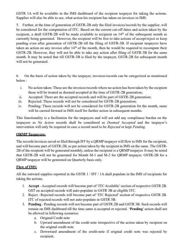 Government advisory on Invoice Management System (IMS) actions states including Deemed Accepted and Pending.