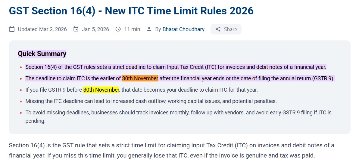 Official update on GST Section 16(4) strict deadline for claiming Input Tax Credit.