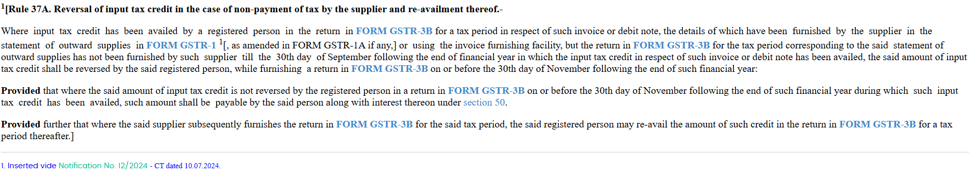 Official GST Rule 37A regarding ITC reversal for non-payment by supplier.
