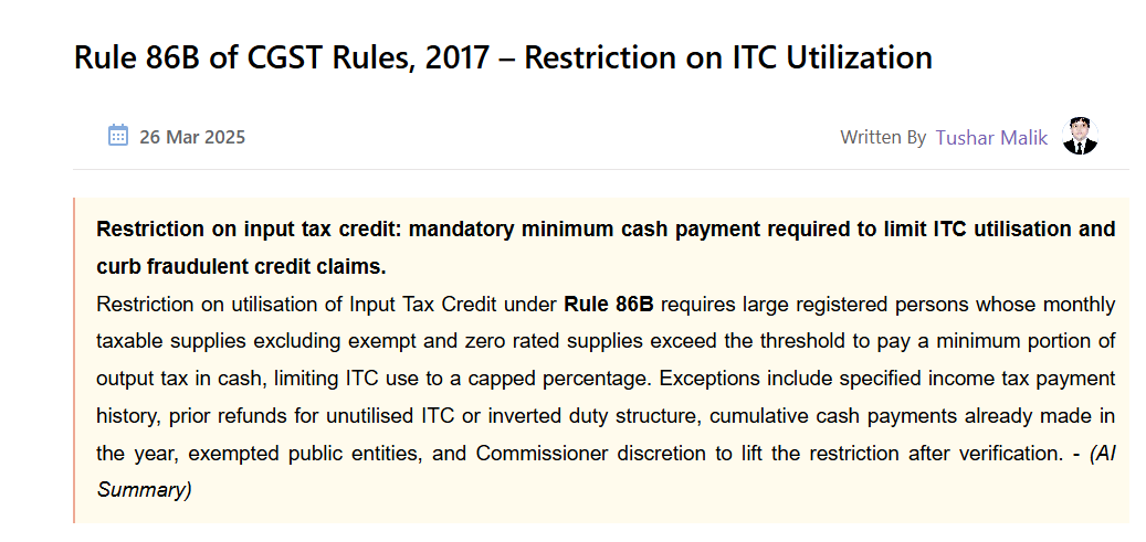 Rule 86B of CGST Rules Restriction on ITC Utilization and Cash Payment.
