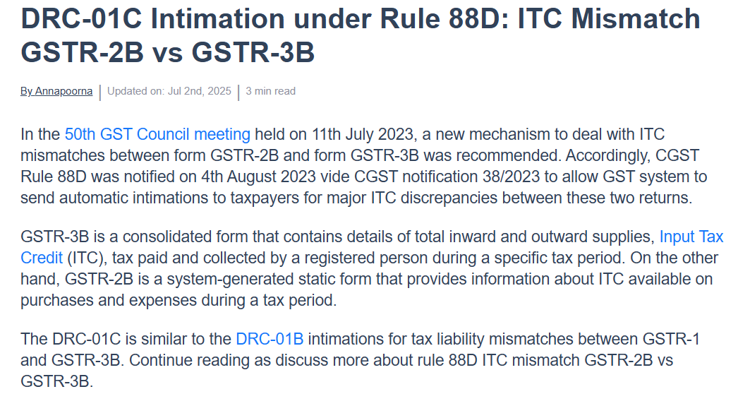DRC-01C Intimation under Rule 88D ITC Mismatch GSTR-2B vs GSTR-3B