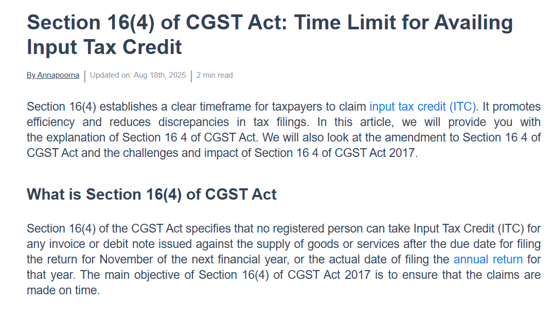 Section 16(4) of CGST Act Time Limit for Availing Input Tax Credit.