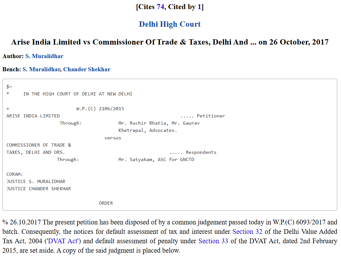 Arise India Limited Delhi High Court judgment citation