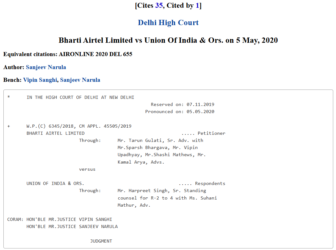Delhi High Court judgment document of Bharti Airtel vs Union of India.