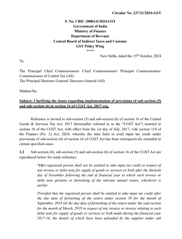 Official CBIC document clarifying Section 16(5) and 16(6) provisions.
