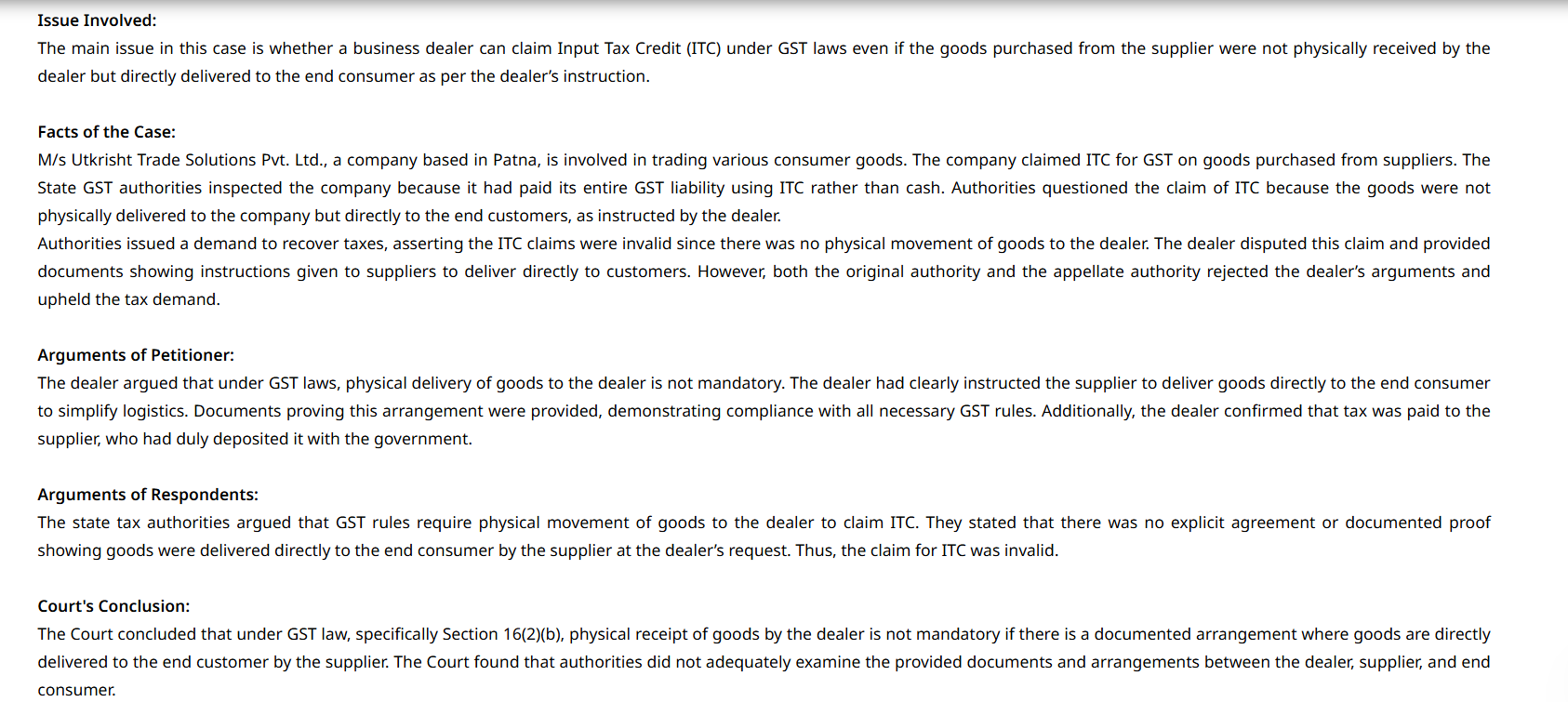 Judicial precedent regarding physical receipt of goods and ITC claims