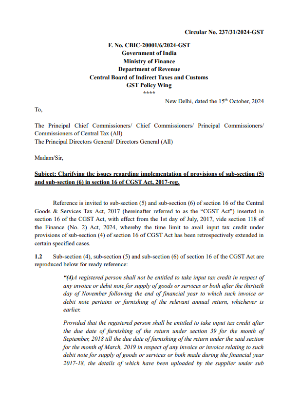 GST Circular 237/31/2024 Regarding Section 16(5) and 16(6)
