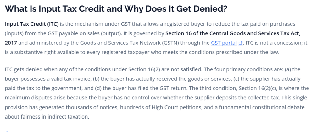 Input Tax Credit under GST Section 16 overview