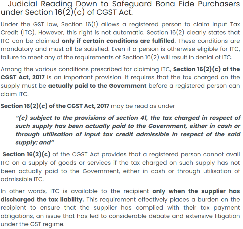 Conditions for claiming Input Tax Credit under Section 16(2)(c) of CGST Act