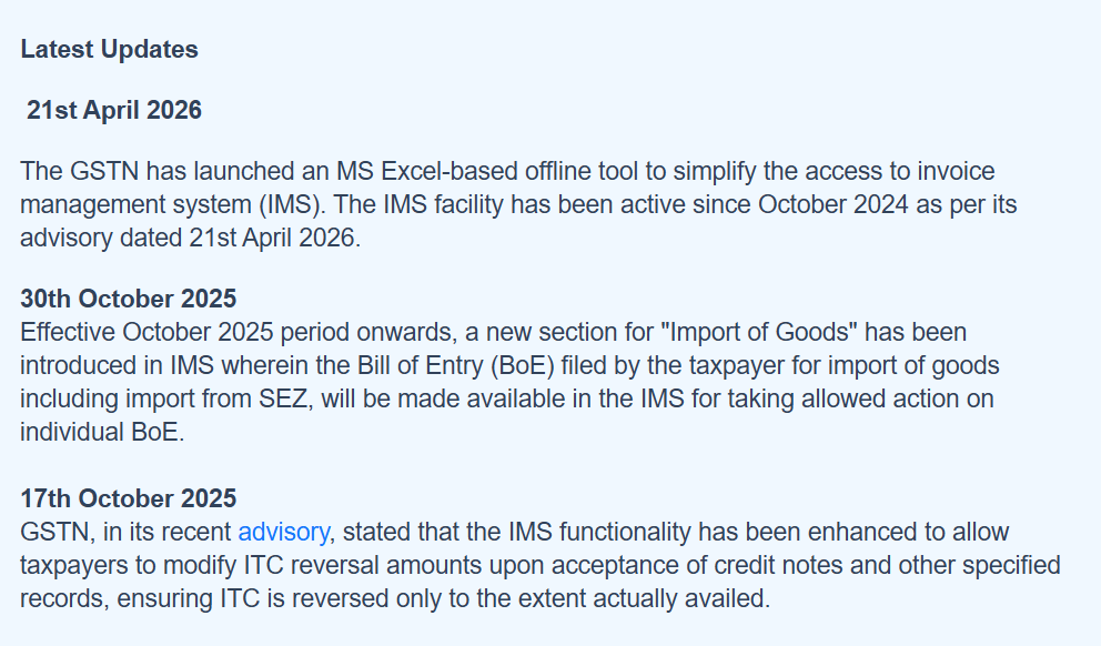 Bulleted list of latest GSTN IMS updates and April 2026 advisories.