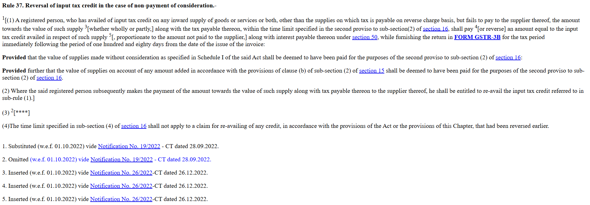 Text snippet of Rule 37 CGST Rules regarding ITC reversal for non-payment