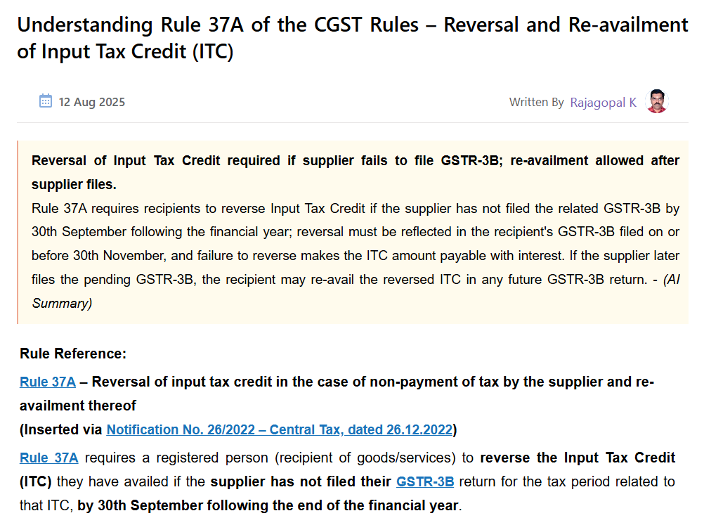 Explanation of Rule 37A concerning supplier non-filing and ITC reversal