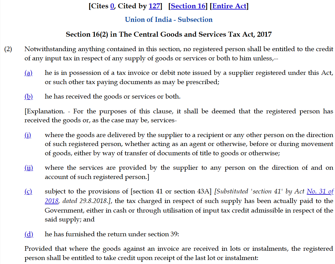 Screenshot of Section 16(2) of CGST Act defining ITC conditions