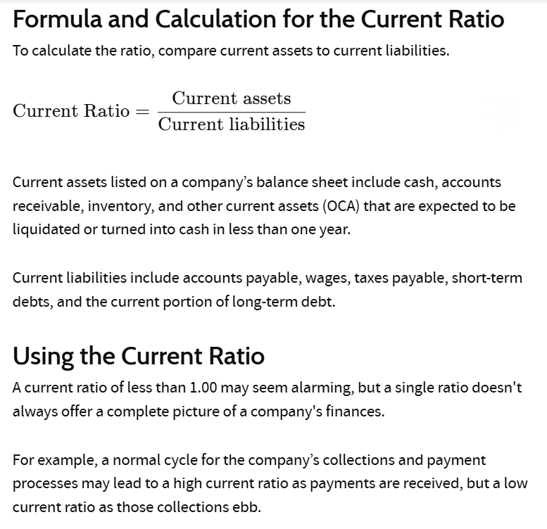 Current Ratio formula for vendor financial health