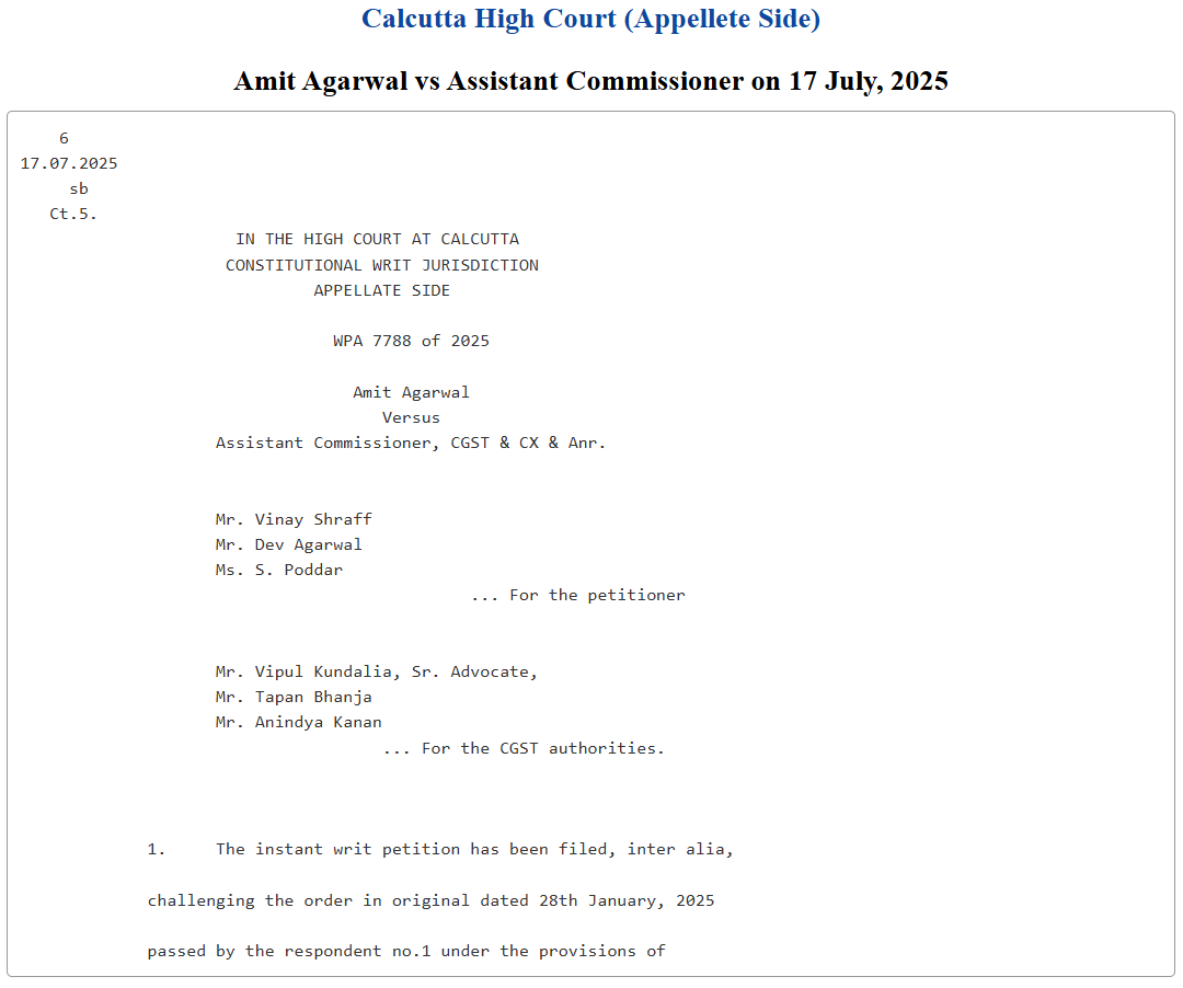 Calcutta High Court writ petition judgment snippet