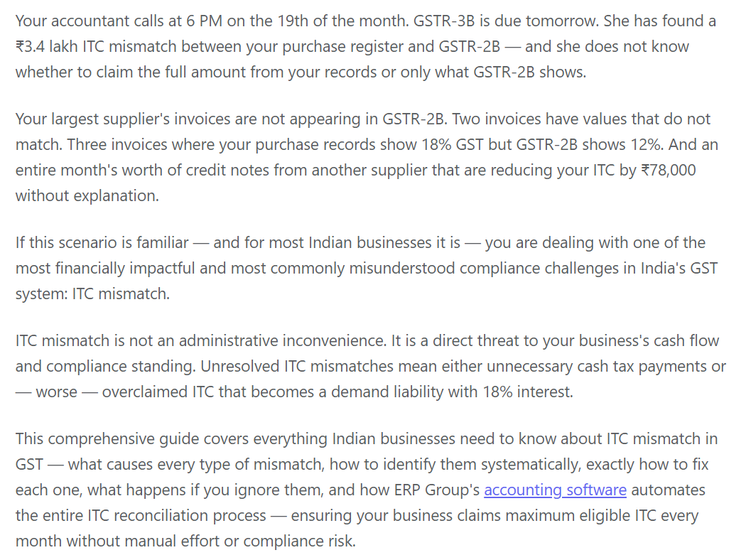 Business scenario showing ITC mismatch issues