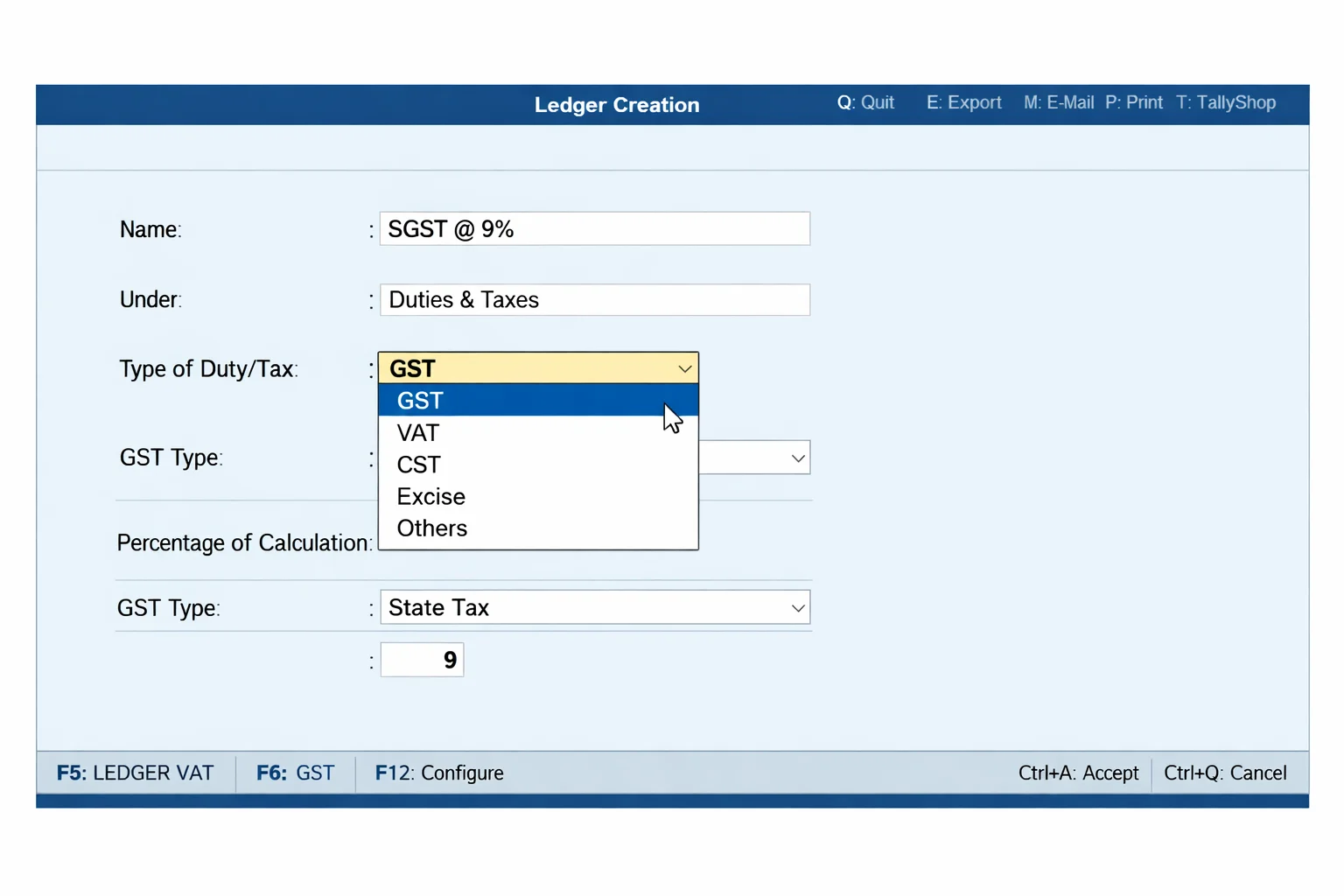Step-by-step CGST ledger creation in Tally Prime showing Duties and Taxes group with 9 percent Central Tax configuration