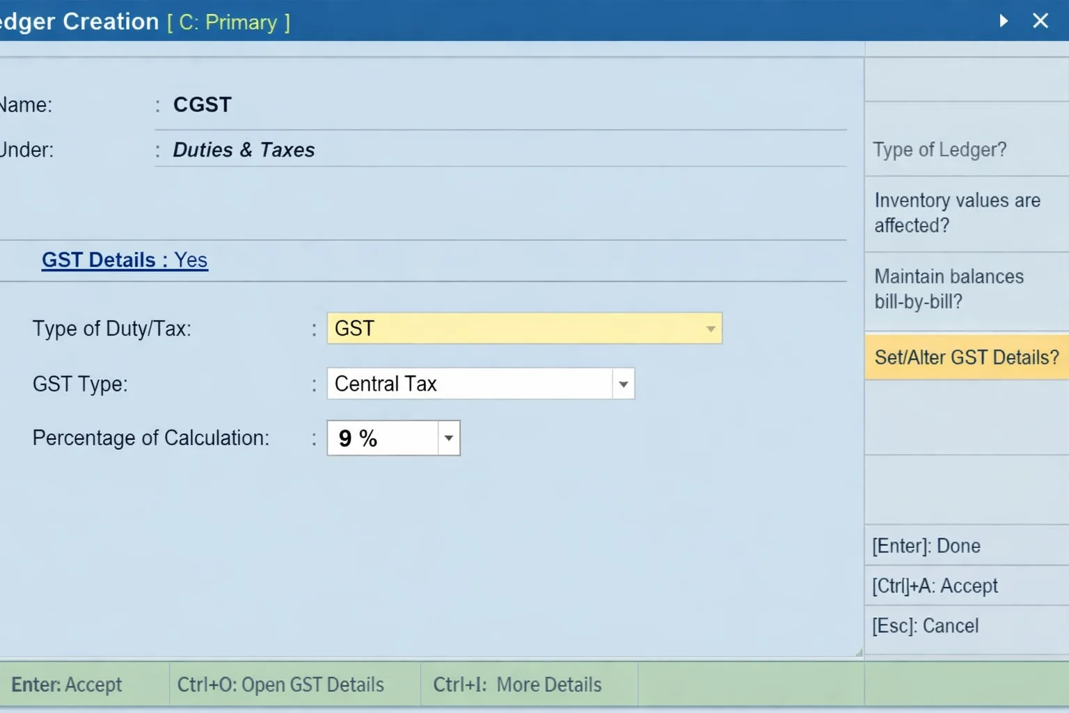 How to create SGST ledger in Tally Prime selecting GST as Type of Duty and State Tax as GST Type for 9 percent rate