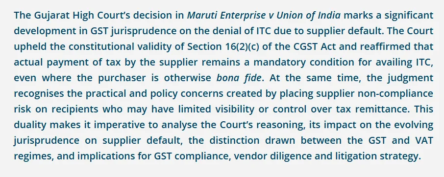 Gujarat High Court Maruti Enterprise GST ITC judgment