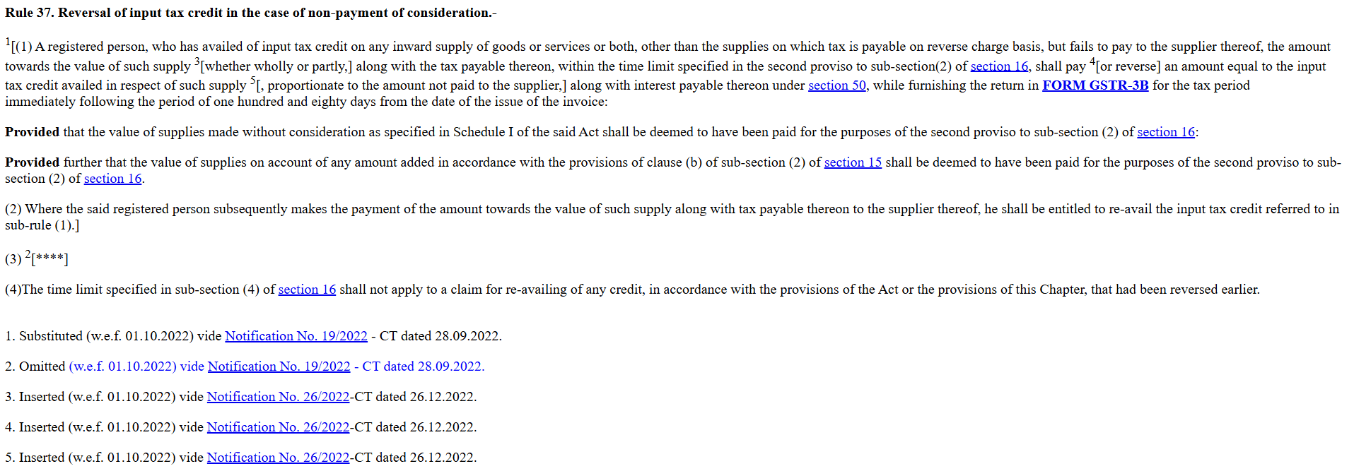 Text snippet of Rule 37 CGST Rules regarding ITC reversal for non-payment