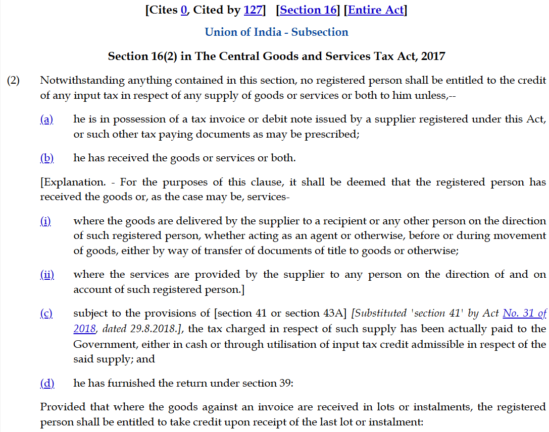 Screenshot of Section 16(2) of CGST Act defining ITC conditions