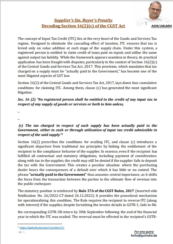 Supplier default buyer penalty under GST Section 16(2)(c)
