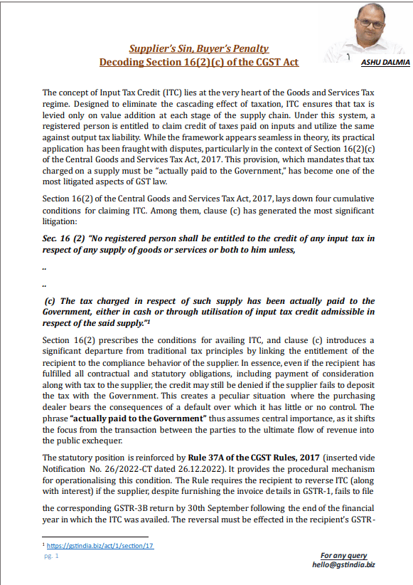 Supplier default buyer penalty under GST Section 16(2)(c)