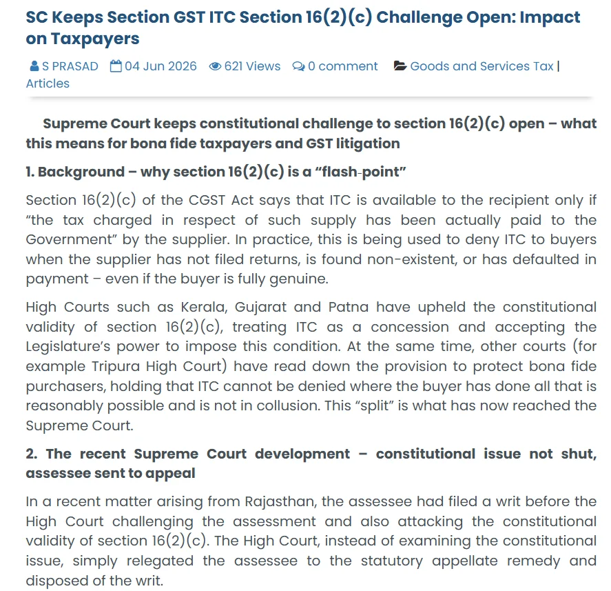 Supreme Court Section 16(2)(c) GST ITC constitutional challenge