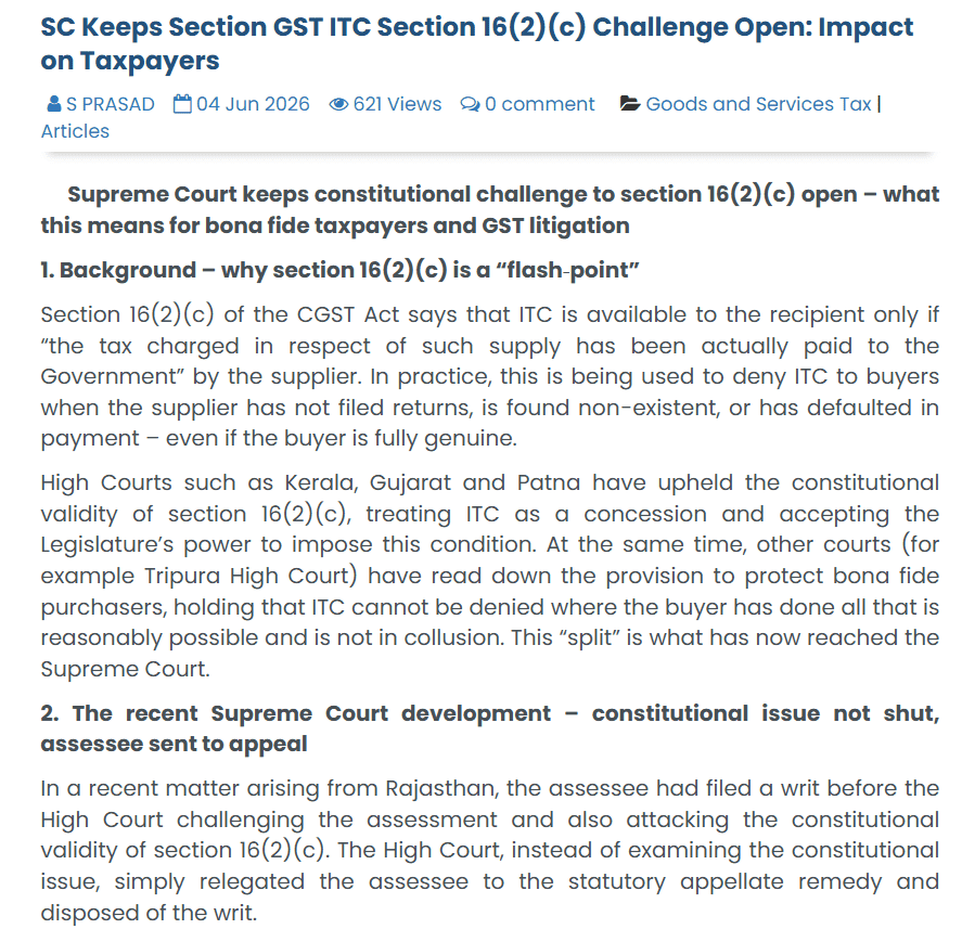 Supreme Court Section 16(2)(c) GST ITC constitutional challenge