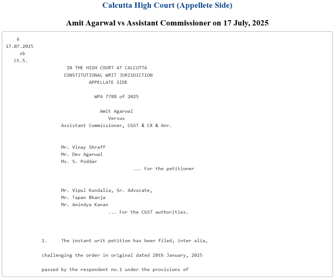 Calcutta High Court writ petition judgment snippet