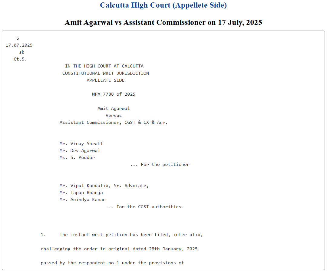 Calcutta High Court writ petition judgment snippet