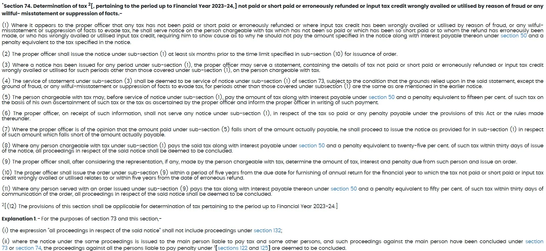 Bare Act text of CGST Act Section 74 regarding fraud and tax evasion
