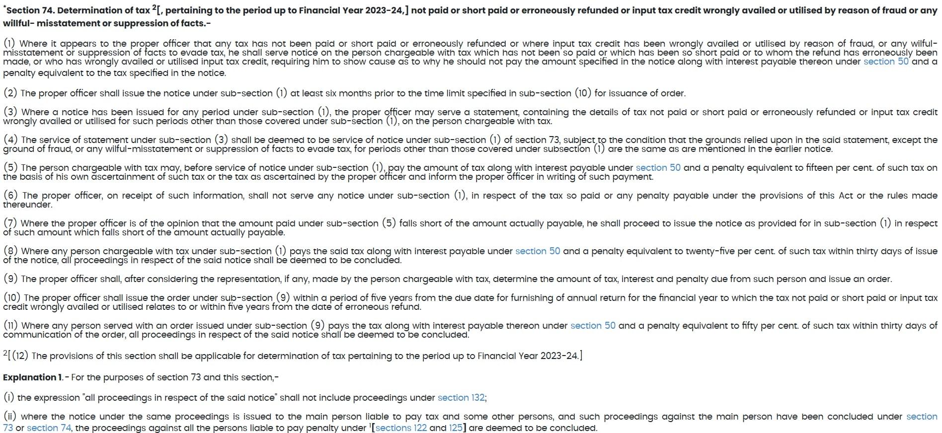 Bare Act text of CGST Act Section 74 regarding fraud and tax evasion