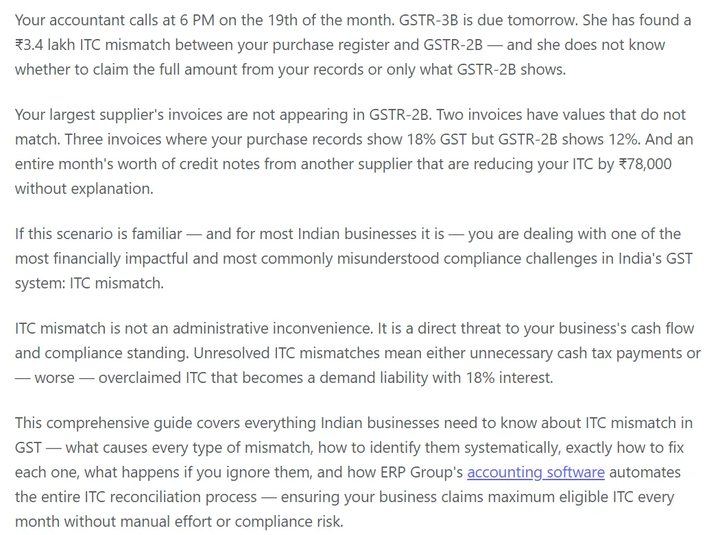 Business scenario showing ITC mismatch issues