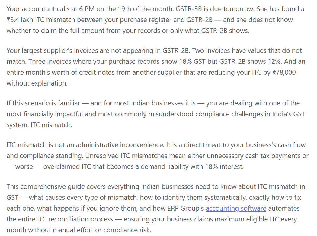 Business scenario showing ITC mismatch issues