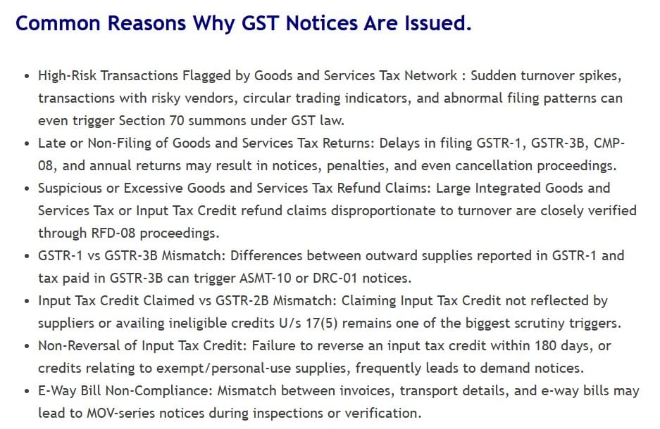 Major reasons why GST authorities issue demand notices.